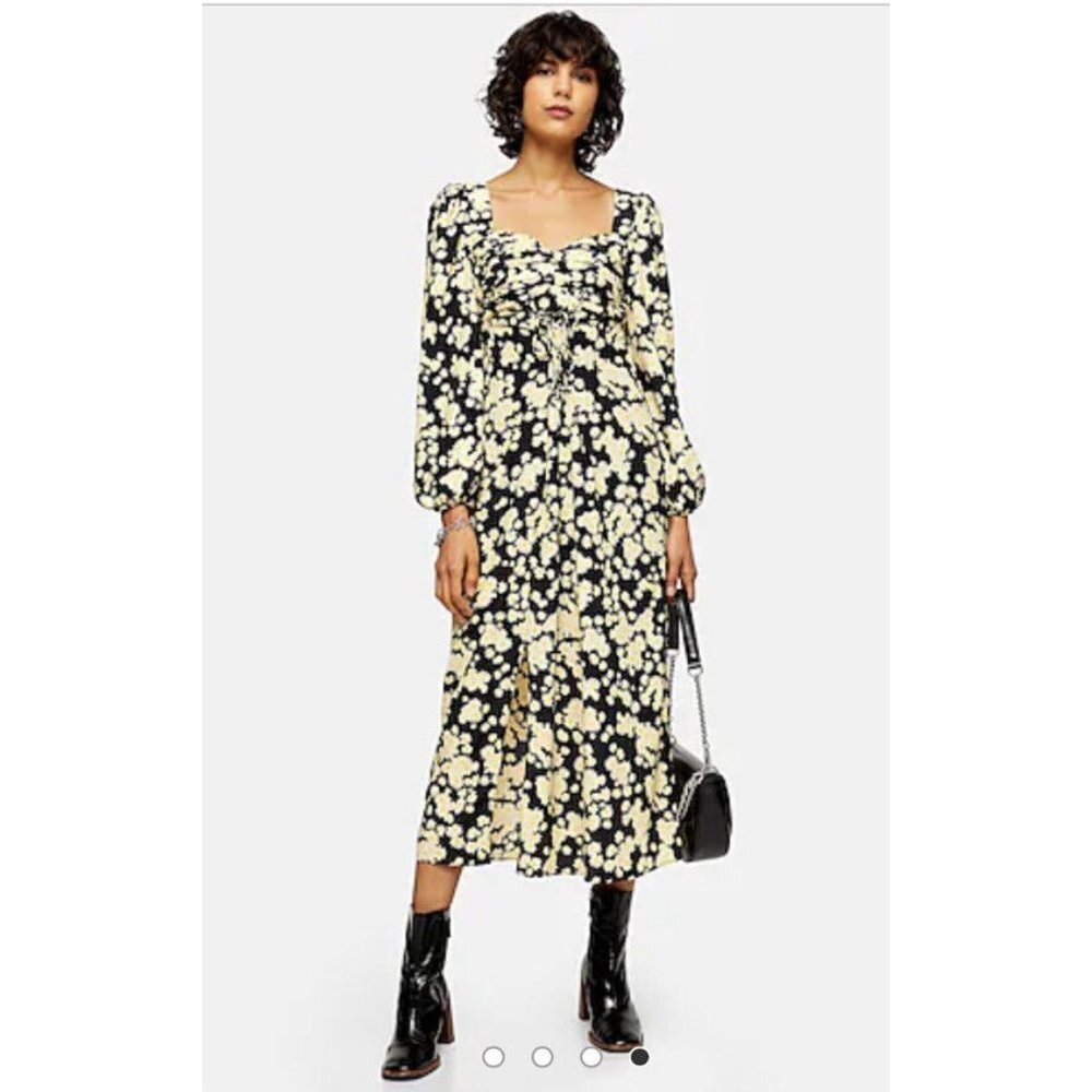 Topshop Woman’s Daisy Pleat Bust Midi Dress Long Sleeve Front Split SZ 2